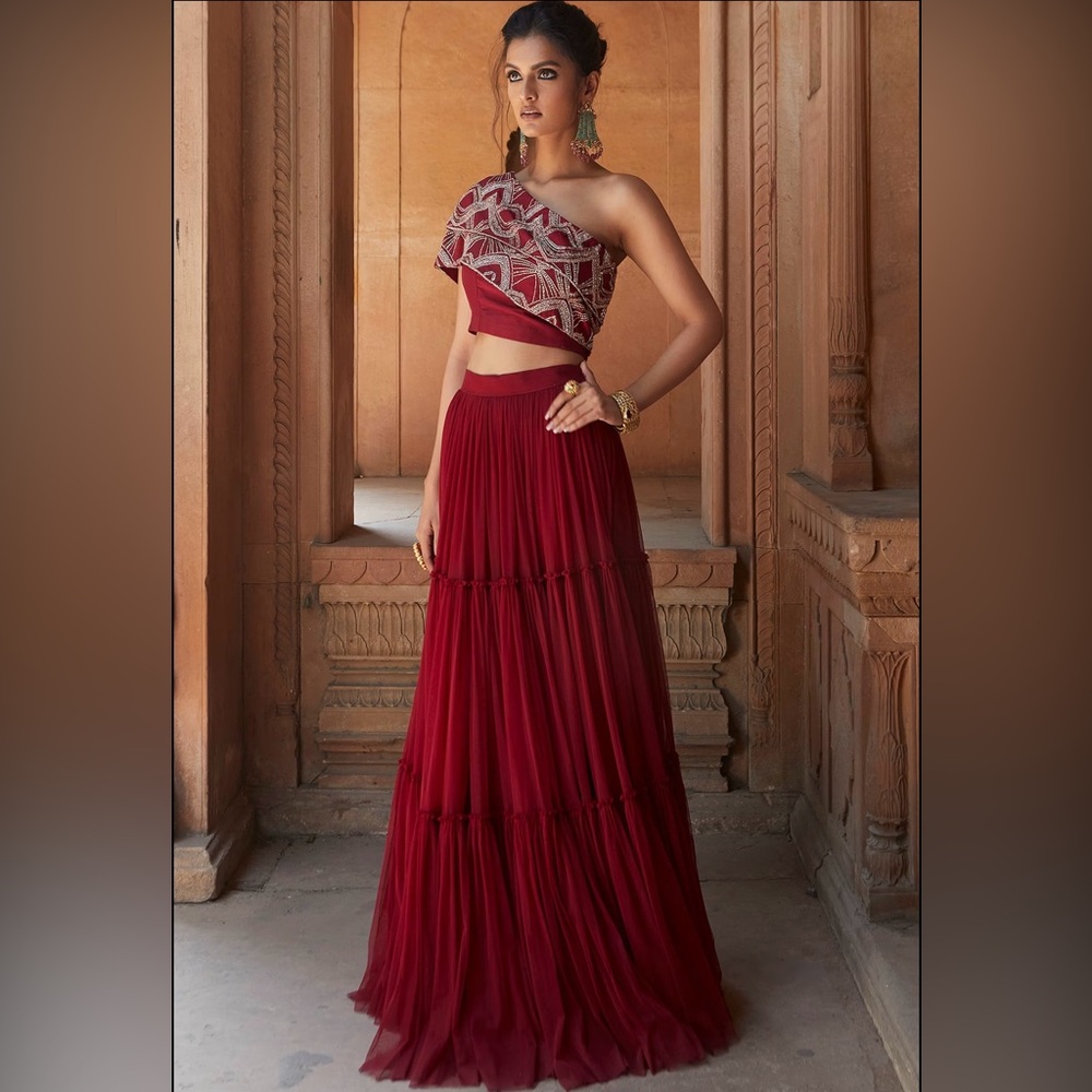 COPY - Lehenga Burgundy Net Gathered Skirt Set Size XS / 2
